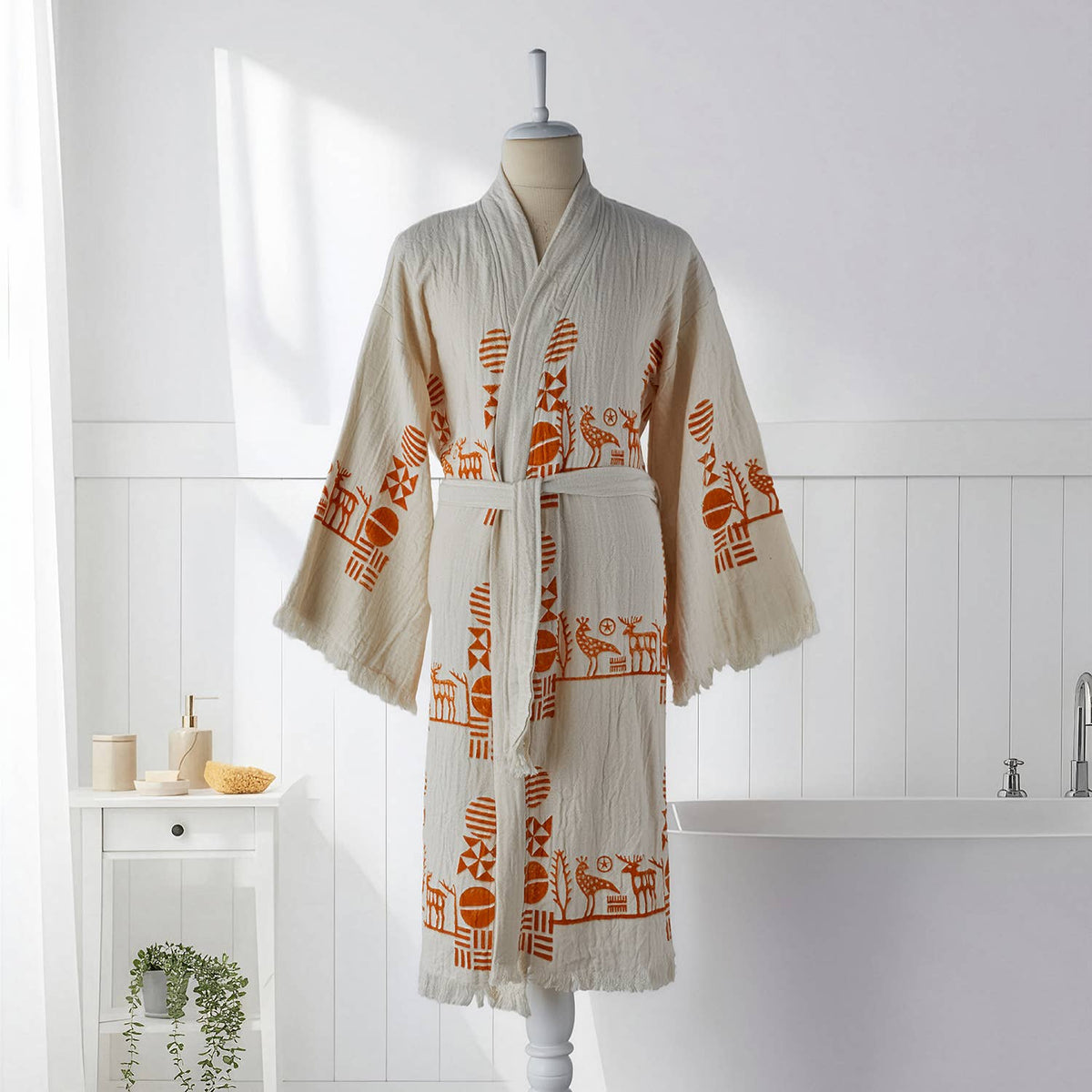 Block Print Turkish Cotton Bathrobe – Hand-stamped Design 10, Kimono