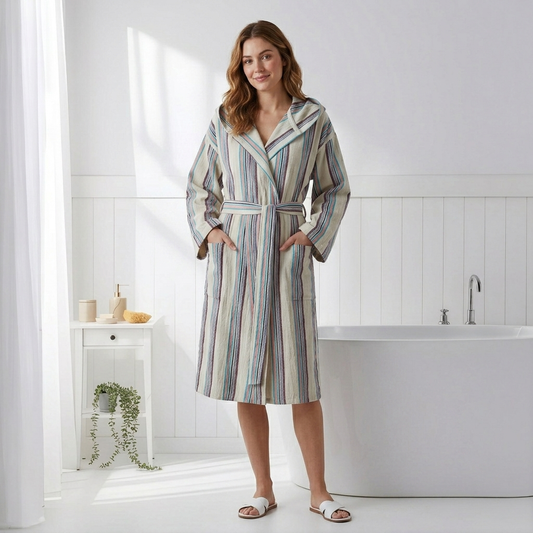 Antique Turkish hooded bathrobe – Sage Stripe | Kikoya
