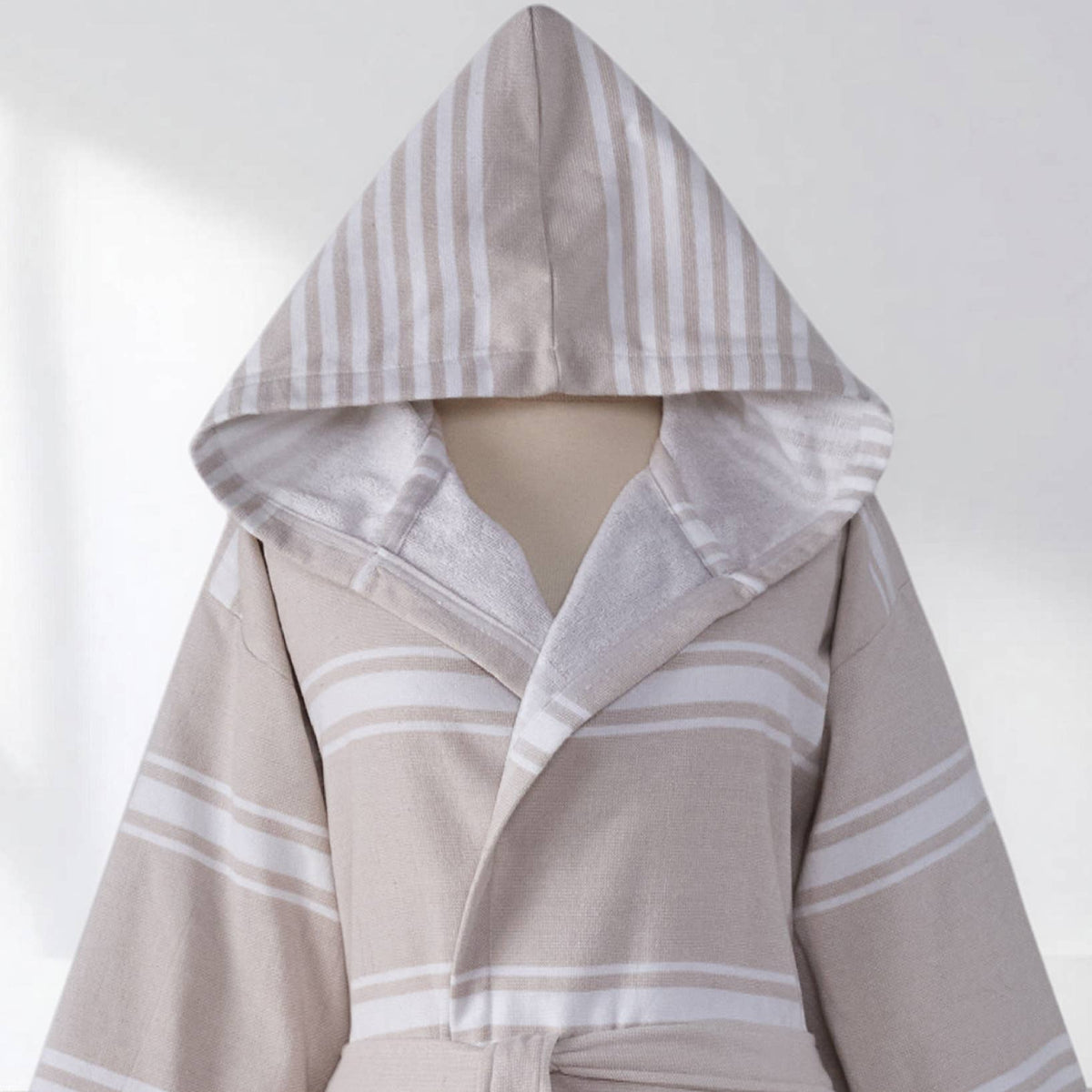 Wide stripe terry-backed Turkish bathrobe – hooded | Kikoya