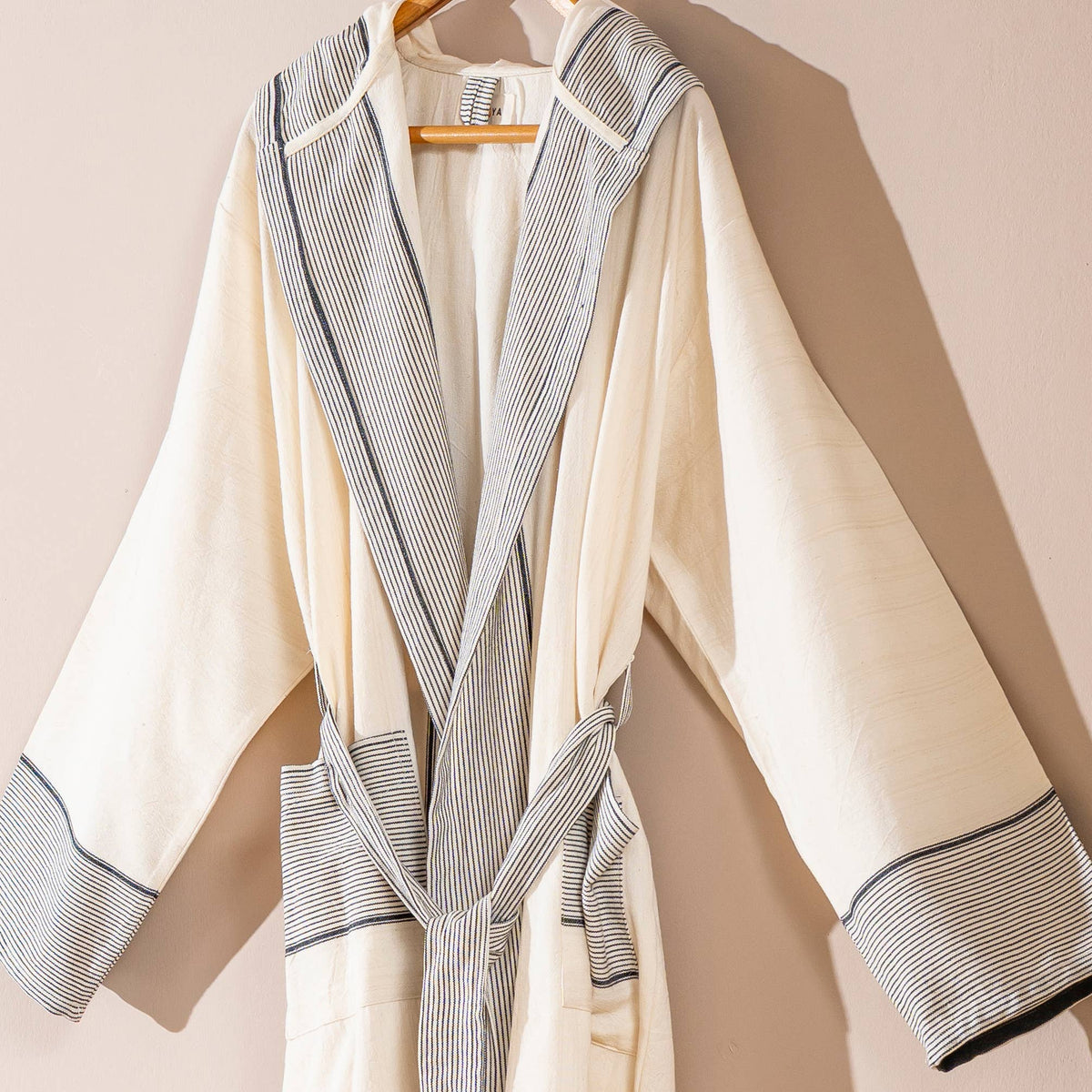 Hammam Turkish bathrobe – navy stripe, hooded | Kikoya