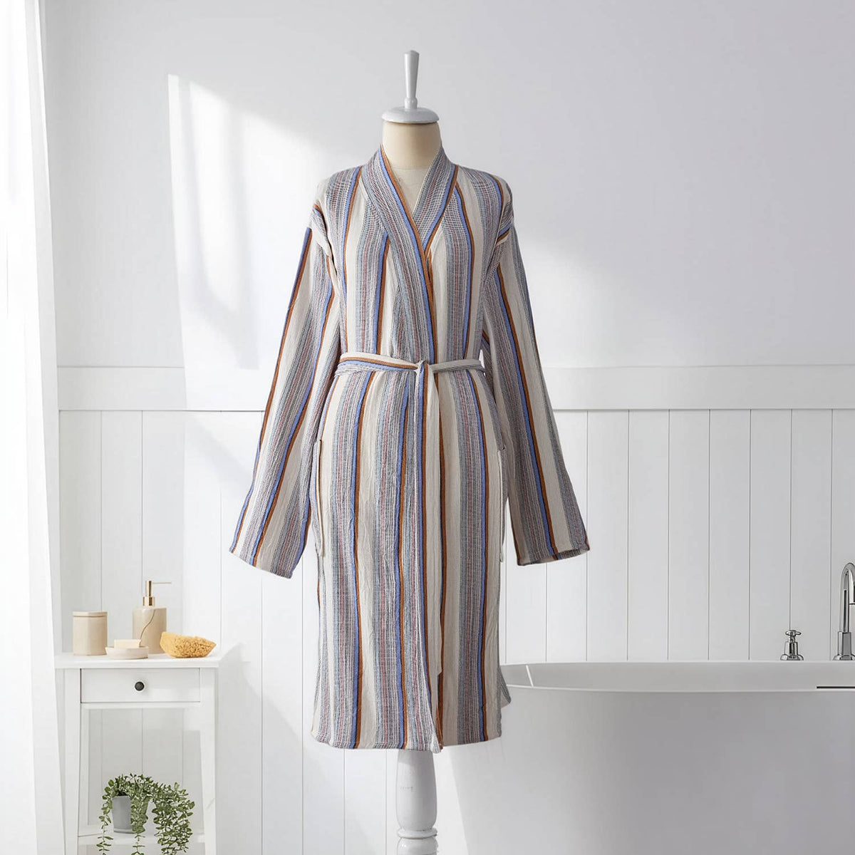 Fine stripe Turkish cotton bathrobe in grey & mauve – hooded | Kikoya
