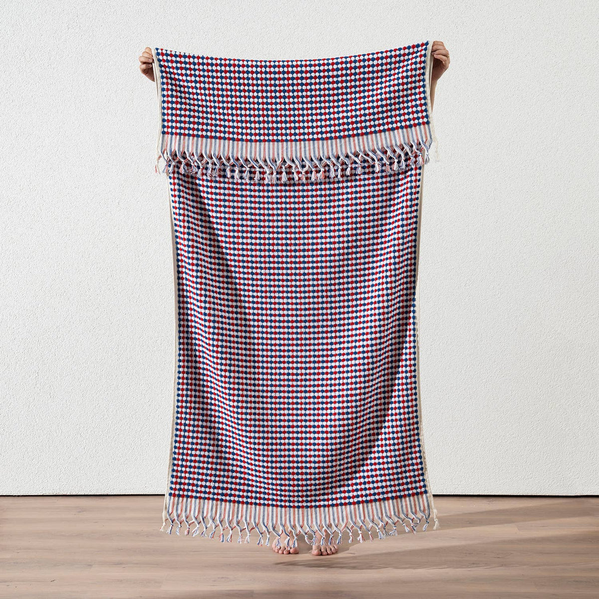 Pompom handloomed Turkish bath towel, 35x68 in, bubble weave with pompom fringe | Kikoya