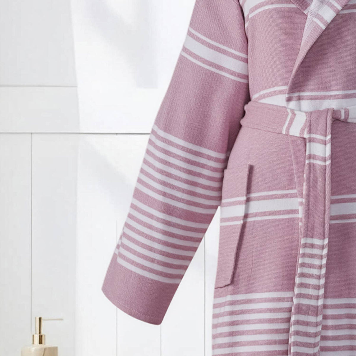 Wide stripe terry-backed Turkish bathrobe – hooded | Kikoya