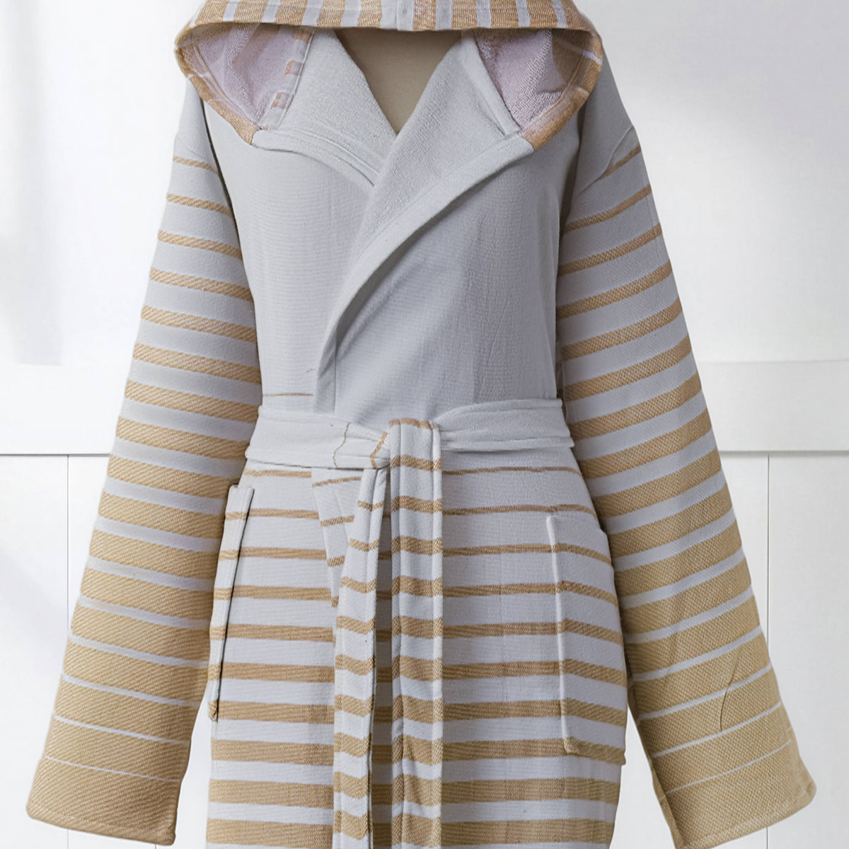 Paradiso terry-backed Turkish bathrobe in a two-tone stripe, hooded | Kikoya