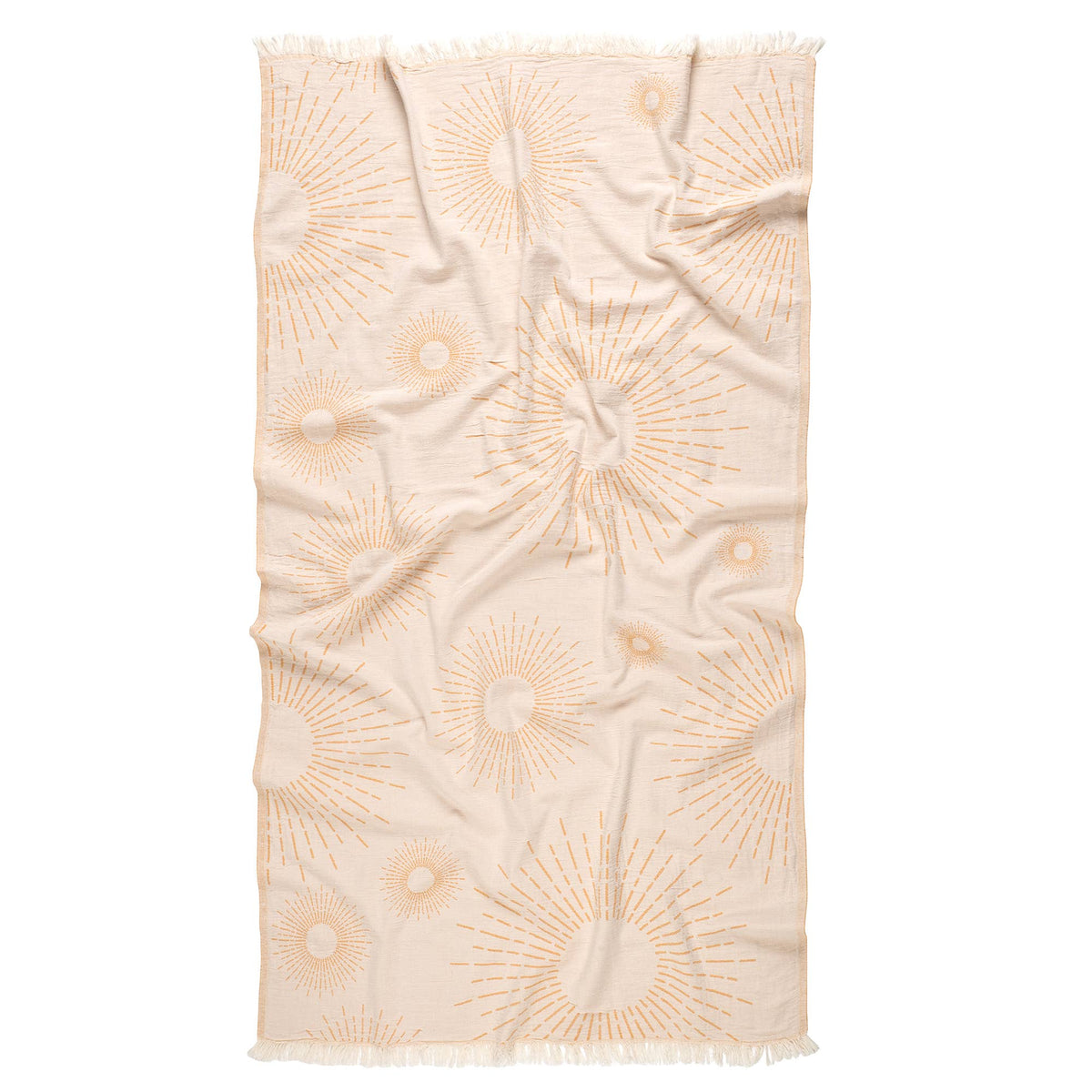 Sunburst print Turkish beach towel on natural cotton, 35x70 in, flat weave | Kikoya