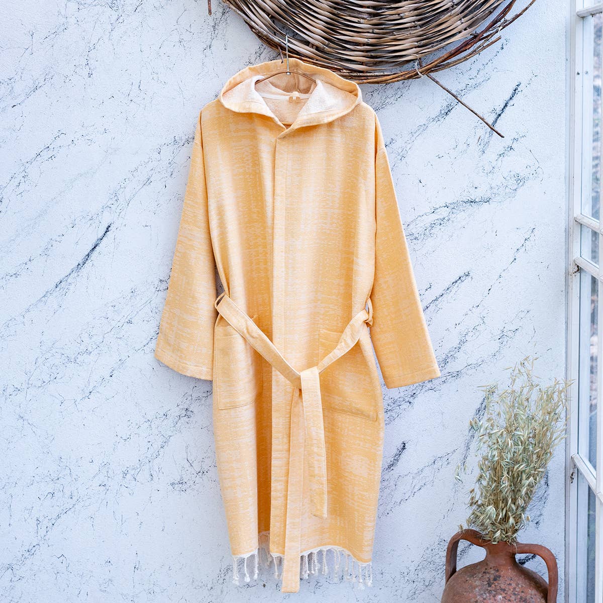 Vintage terry-backed Turkish bathrobe, hooded, washed finish | Kikoya