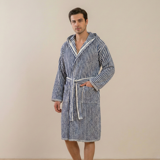 Pompom Turkish bathrobe – Navy & White Stripe, Hooded, front view | Kikoya