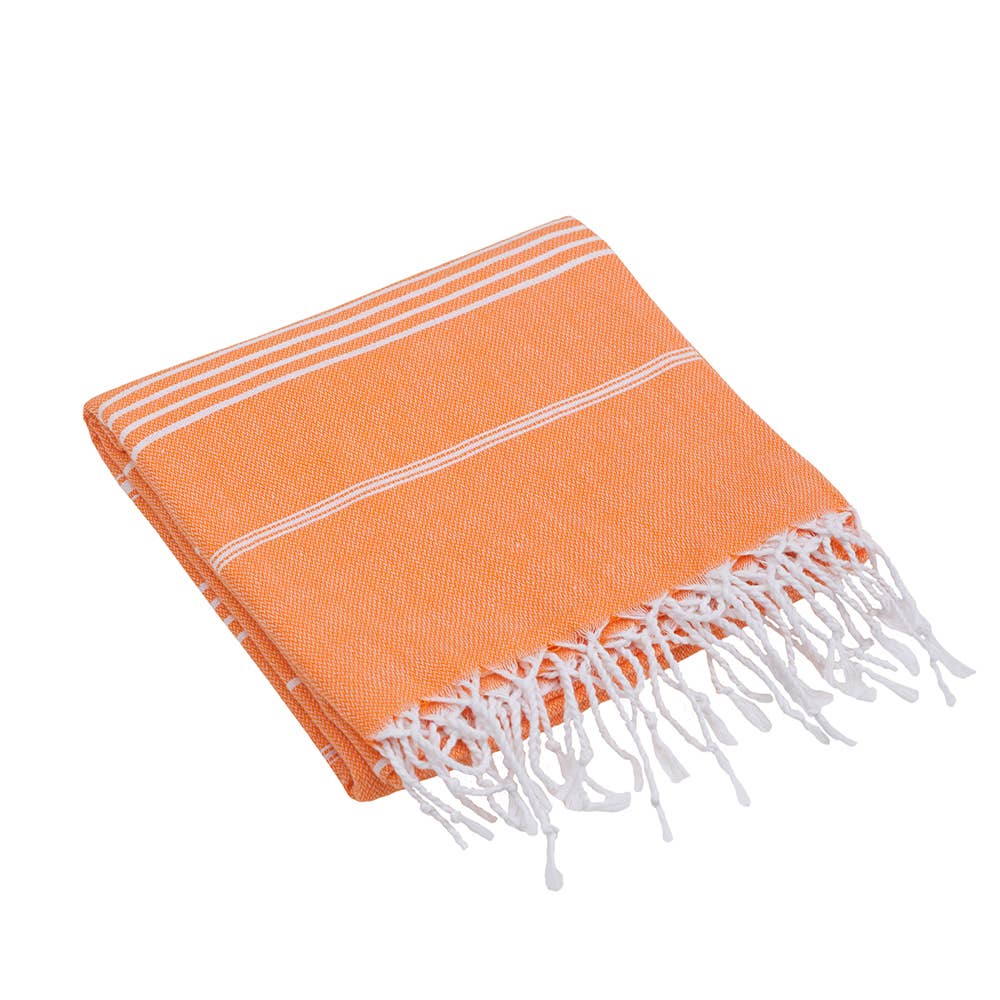 Sultan Turkish beach towel – Orange, folded with knotted fringe | Kikoya