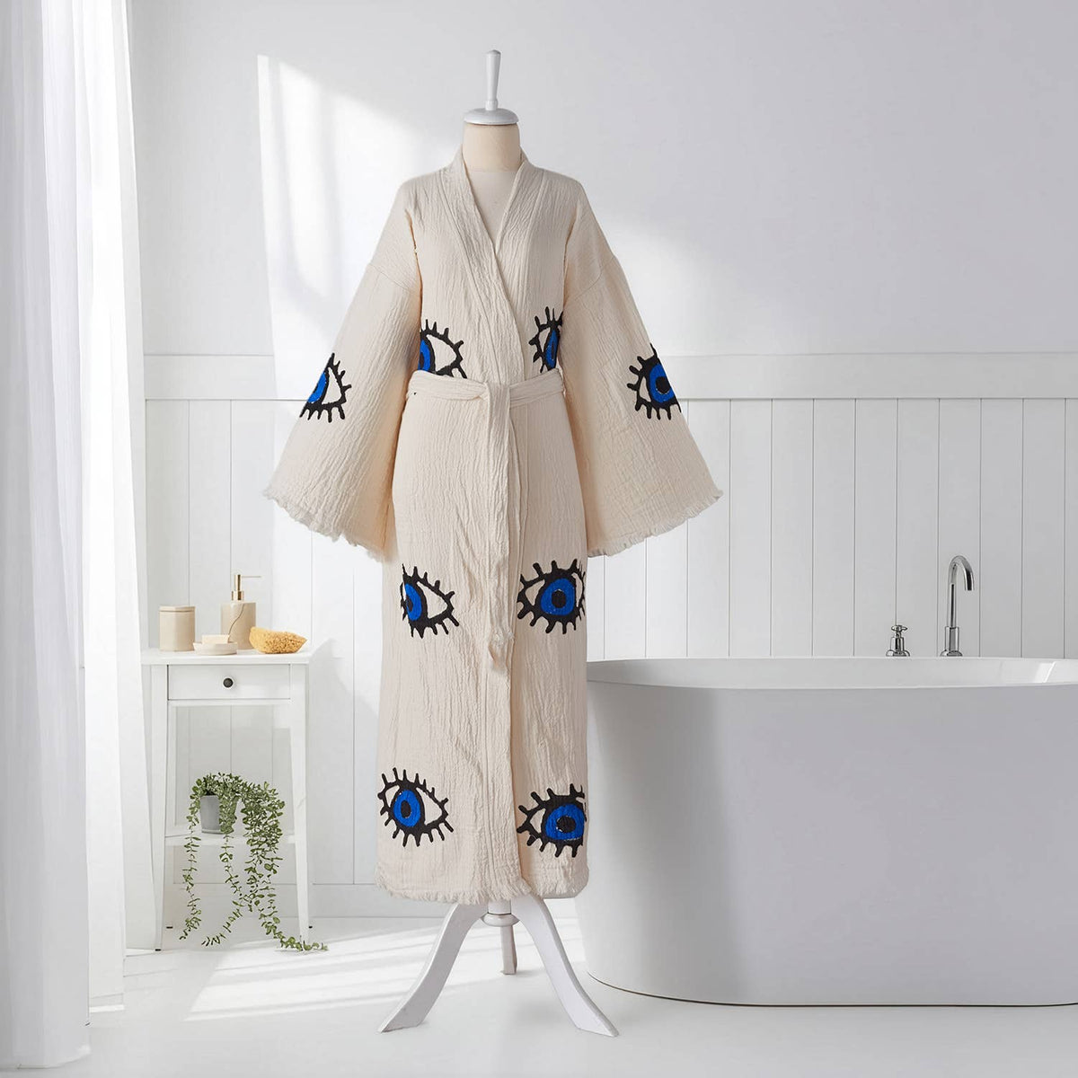 Block-print Turkish cotton kimono robe – Evil Eye Blue | Kikoya