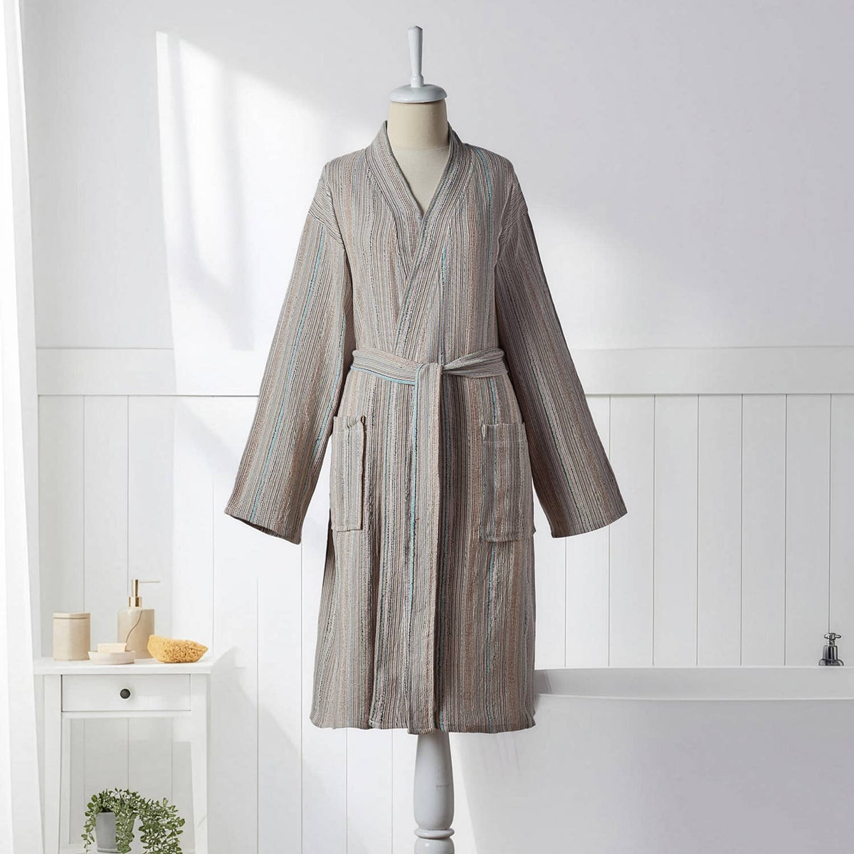 Antique Turkish kimono bathrobe – Taupe Stripe | Kikoya
