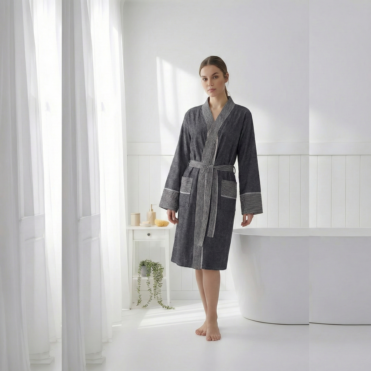 Ribbed Turkish cotton bathrobe in charcoal – kimono, belted | Kikoya