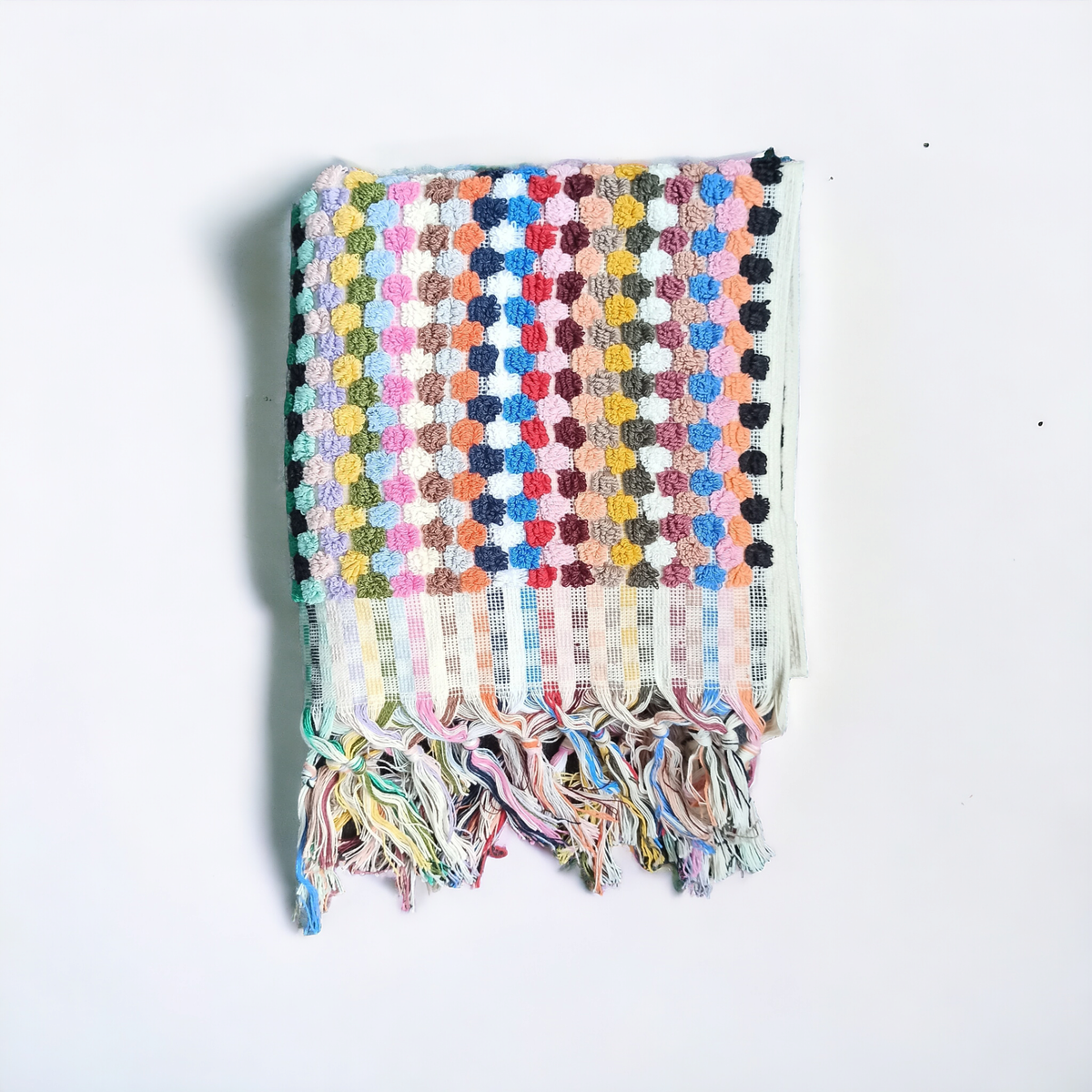 Pompom handloomed Turkish hand towel, 17x38 in, raised bubble weave with pompom fringe | Kikoya