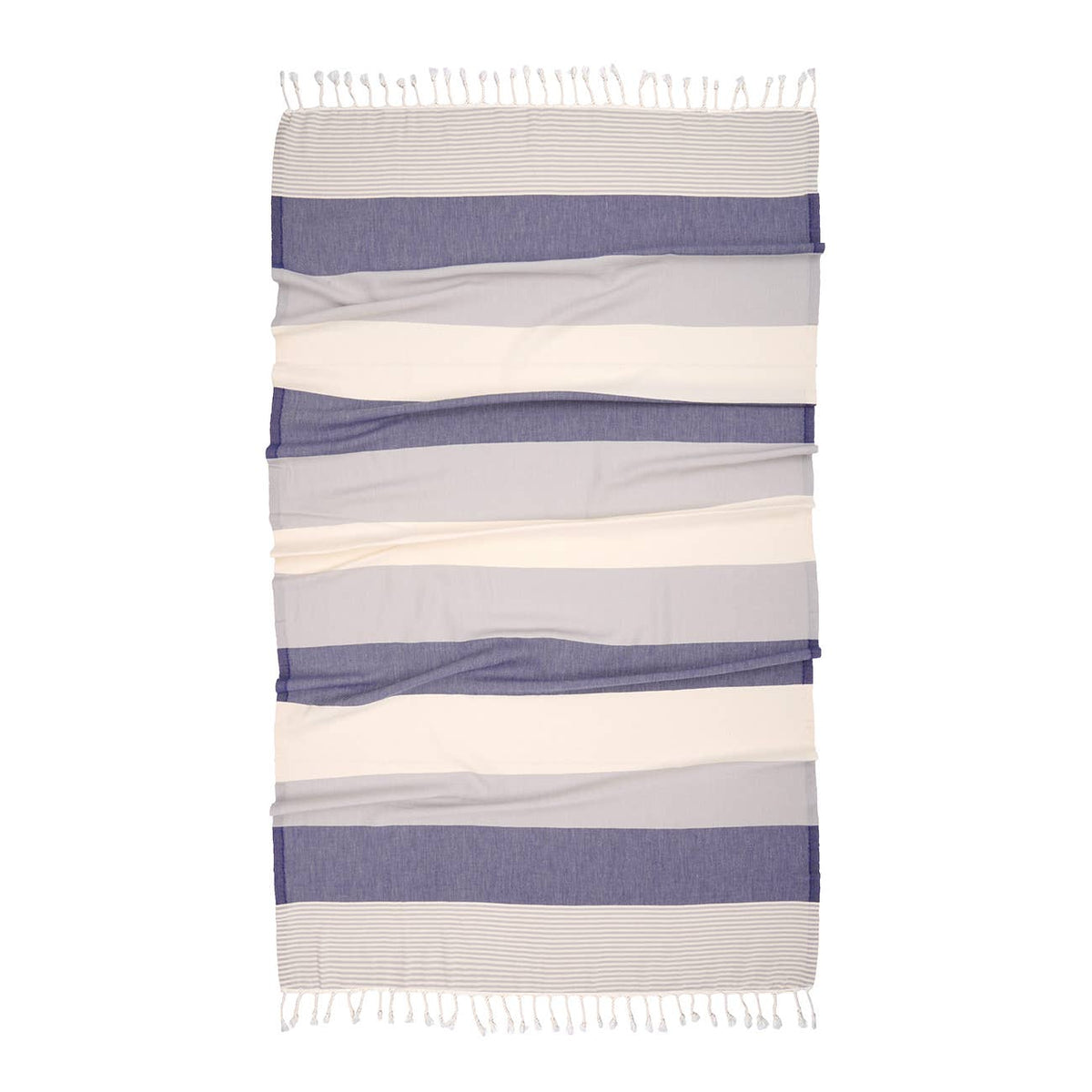 Grey and navy Hawaiian block stripe Turkish towel shown flat with knotted fringe | Kikoya