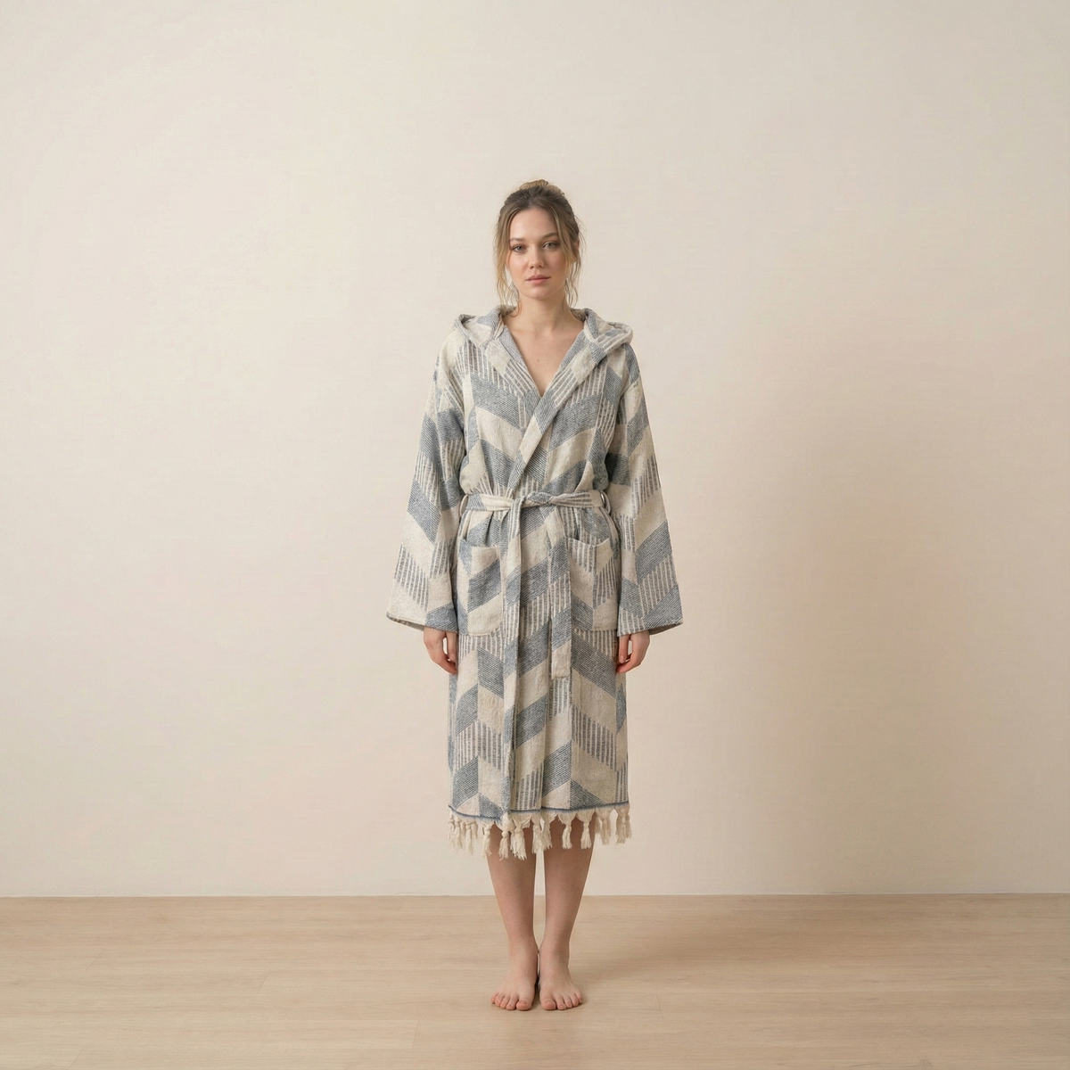 Herringbone raised terry Turkish bathrobe, hooded | Kikoya