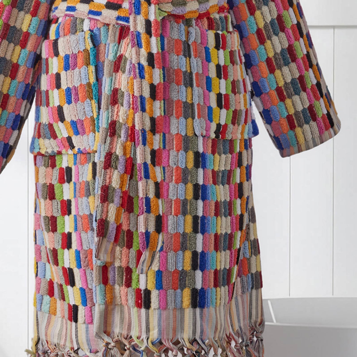 Pompom Turkish bathrobe – Lokum Multicolor, Shawl Collar, belt and pocket detail | Kikoya