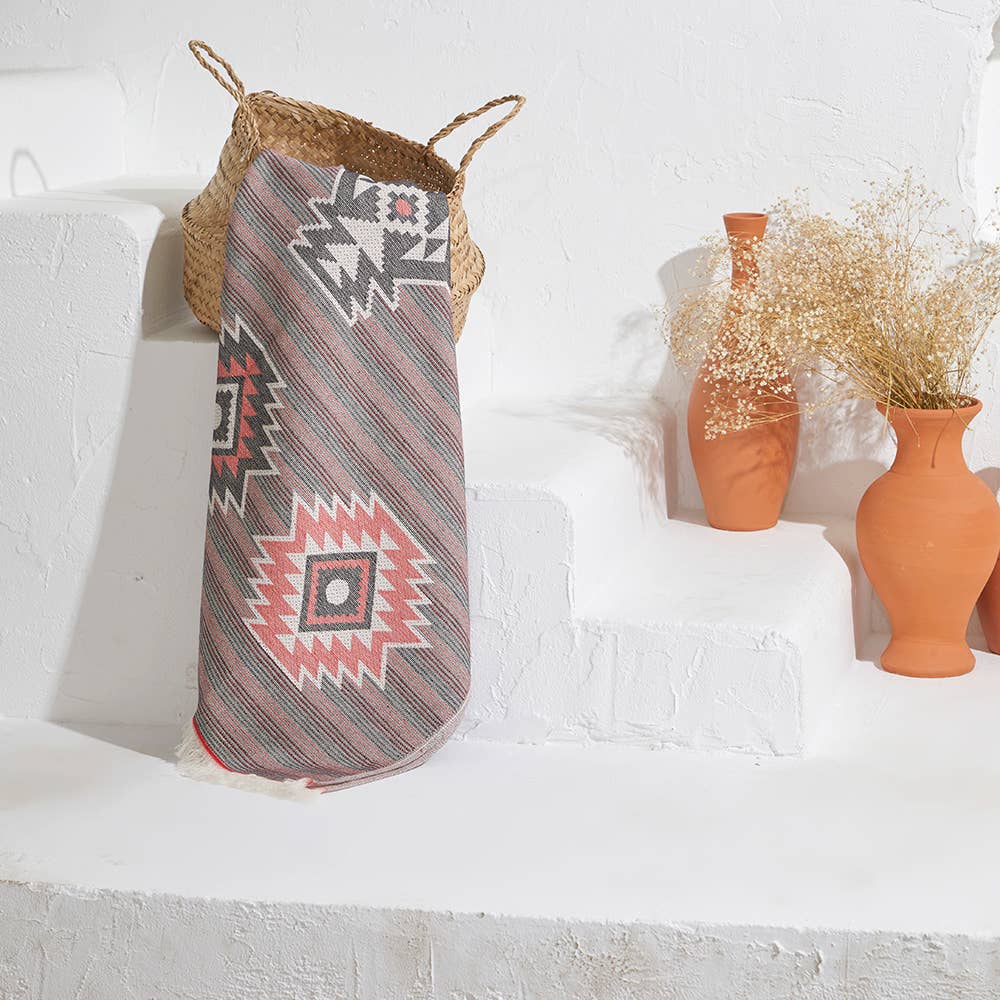 Tribal terry-backed Turkish towel with woven jacquard face, 35x70 in | Kikoya