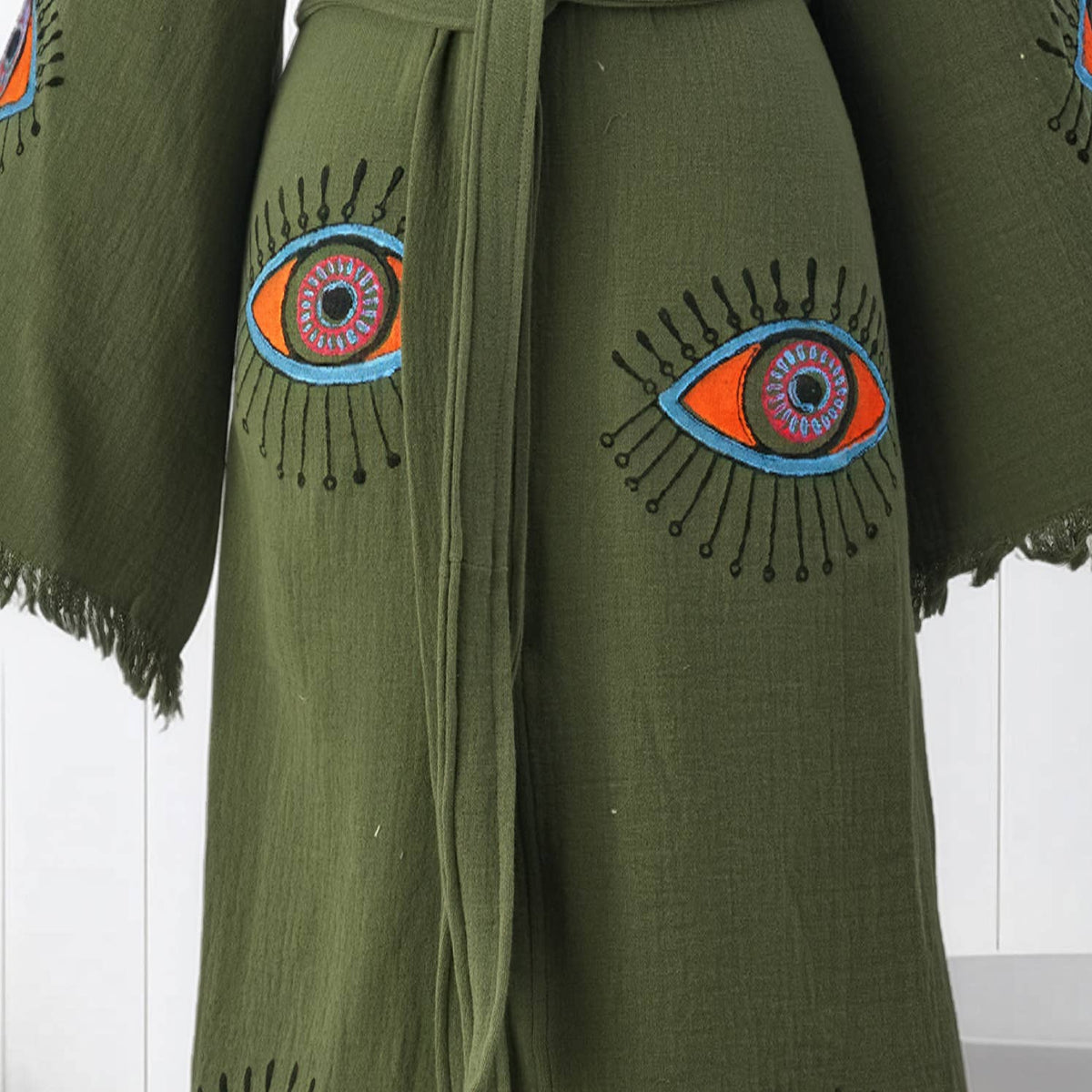 Block-print Turkish cotton kimono robe – Evil Eye Olive Green | Kikoya