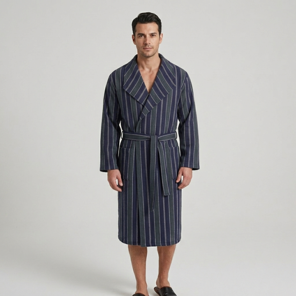 Pinstripe Turkish cotton bathrobe in navy – shawl collar | Kikoya