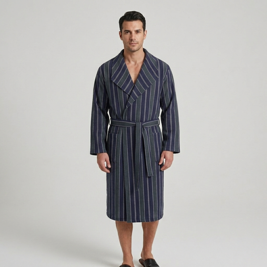Pinstripe Turkish cotton bathrobe in navy – shawl collar | Kikoya