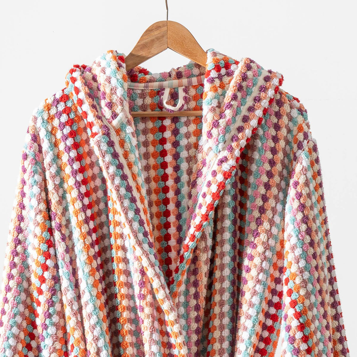 Pompom Turkish bathrobe – Pink Multi, Hooded, full-length view | Kikoya