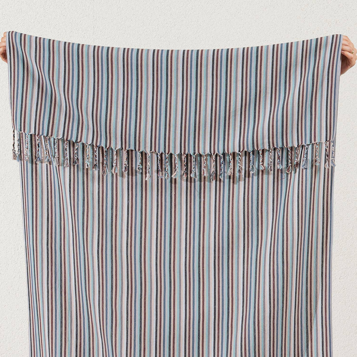 Dusty Blue Multi Stripe peshtemal, knotted fringe detail | Kikoya