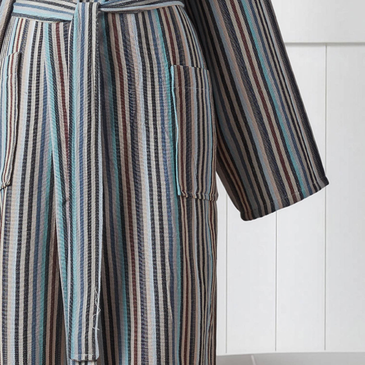 Antique Turkish hooded bathrobe – Slate & Teal Stripe | Kikoya