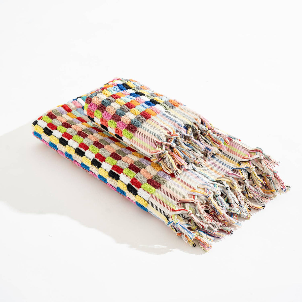 Lokum pompom Turkish hand towel, 17x38 in, handloomed check with pompom fringe | Kikoya