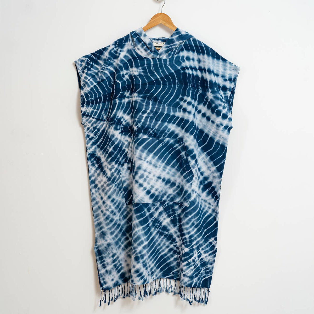 Shibori Adult Hooded Changing Poncho – Indigo Tie-dye, back view | Kikoya