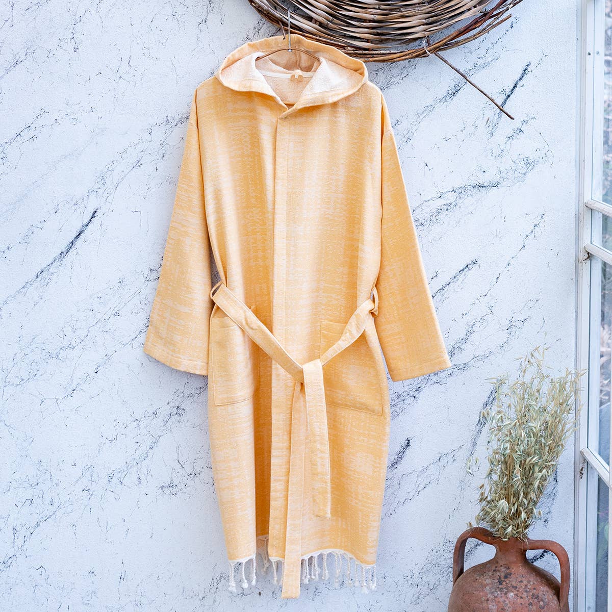 Vintage terry-backed Turkish bathrobe, hooded, washed finish | Kikoya