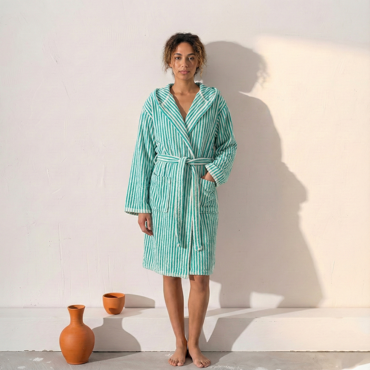 Pompom Turkish bathrobe – Green & White Stripe, Hooded, front view | Kikoya