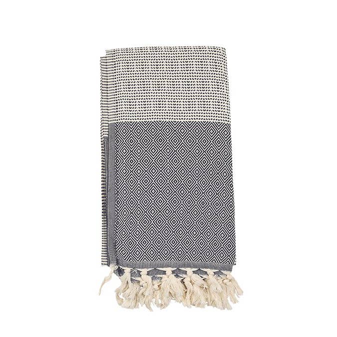 Topkapi Turkish beach towel in blue diamond weave with contrast band, 33x66 in | Kikoya